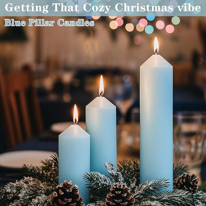 18 Pcs Blue Pillar Candles Bulk Set，Hurricane Candlesï¼? Different Lengths (6 Each)，Dripless Unscented Smokeless，Gives You a Better Atmosphere When Organizing Wedding or Event Party.