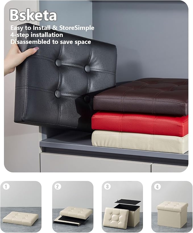 Bsketa Storage Ottoman, Folding Foot Stool with Thicker Foam Padded Seat Small Leather Storage Ottoman Bench Foot Rest for Living Room Foldable Coffee Table 17x13x13in,Beige