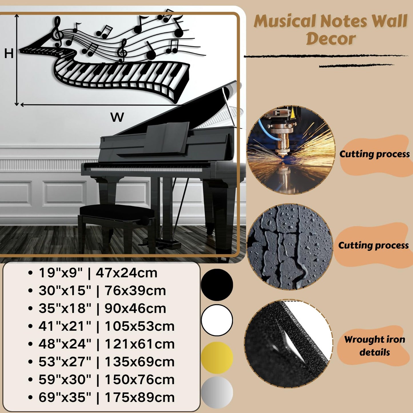 Music Wall Art,Music Metal Note For Wall,Musical Notes Decorations,Music Metal Wall Decor,Piano Wall Art,Musical Notes Wall Decor,Metal Wall Art for Bedroom,Living Room (Black, 35"x18" | 90x46cm, metal wall art)