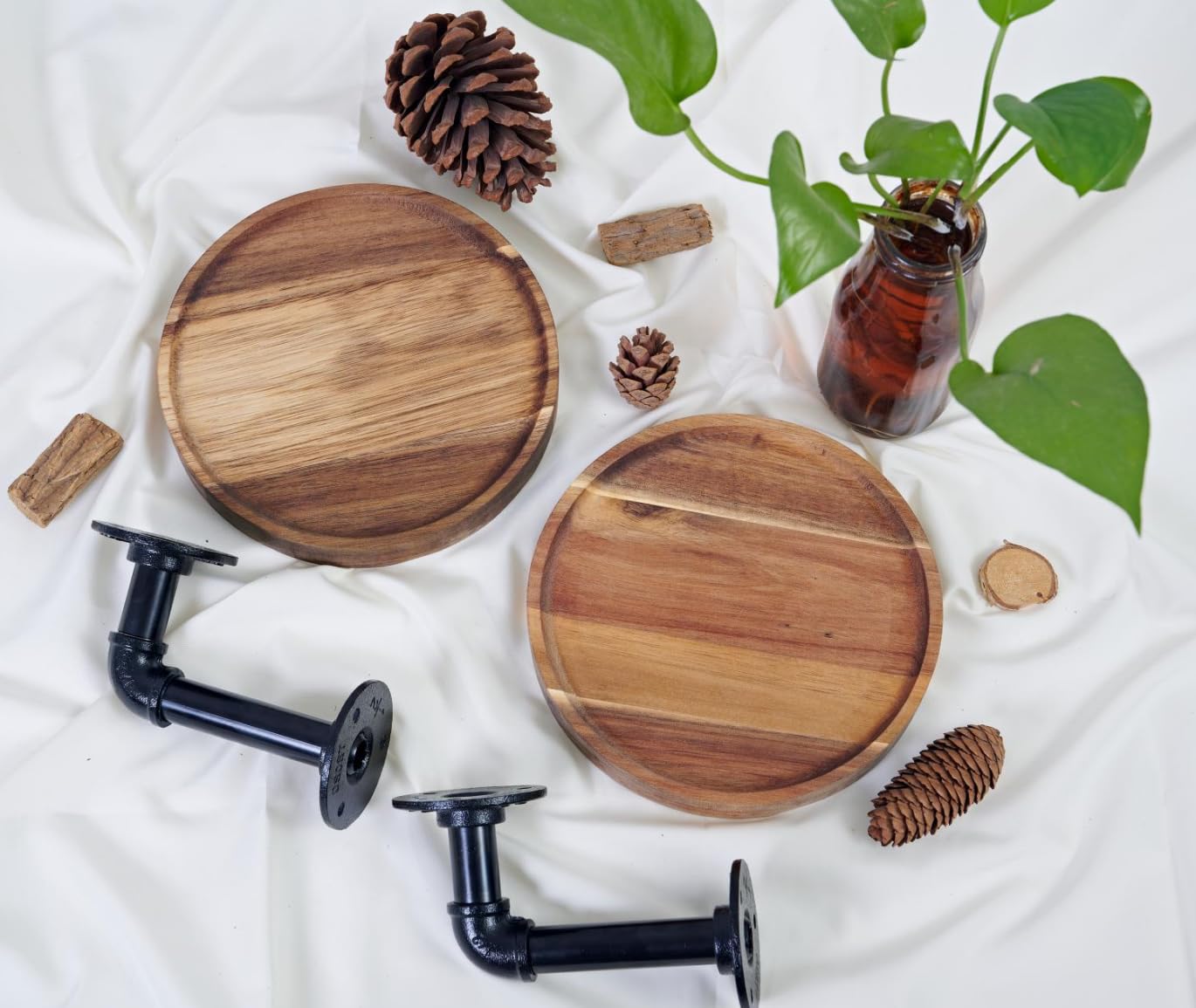 Un-OPENED BOX Round Wooden Floating Shelves Wall Mounted (Set of 2). Made of Acacia Wood. Industrial Pipe Brackets. A Unique Rustic Pedestal for Plants and Ornaments. Diameter 7.1 inches.