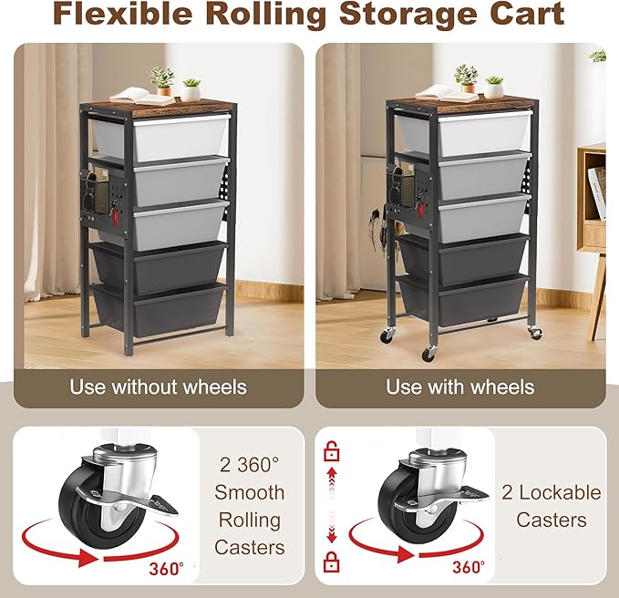 Rolling Cart with Drawers, Rolling Storage Cart with Large Plastic Drawers & Wooden Tabletop, Utility Cart with Pegboards & Basket, Storage Drawers Cart for Living Room, Classroom, Bedroom, Office