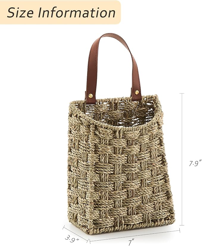 Wall Hanging Pocket Basket Portable Seagrass Storage Basket Decorative Boho Mounted Organizer Dried Flower Plants Front Door Basket for Garden Farmhouse Home