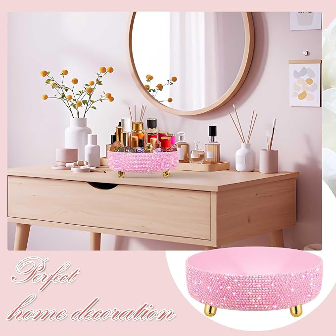 Honeydak Pink Bling Perfume Makeup Organizer Bling Mother's Day Nurses Day Gifts for Women Bathroom Organizers and Storage 360 Rotating Makeup Organizer for Countertop(Resin Stone)