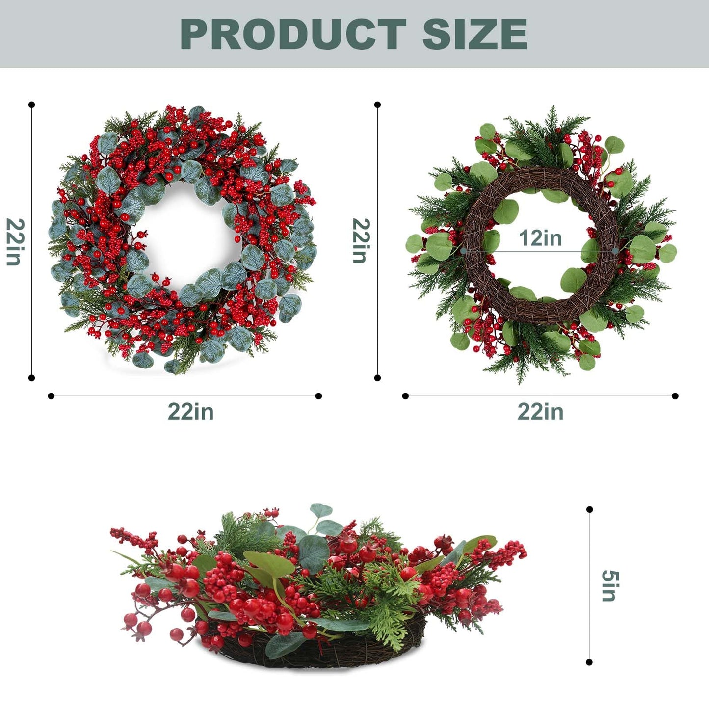 WSTPUPU Artificial Christmas Wreath 22inch Christmas Wreaths for Front Door Xmas Red Berry Wreath with Eucalyptus Leaves Pine Needles Red Berries for Wall Farmhouse Window Winter Holidays