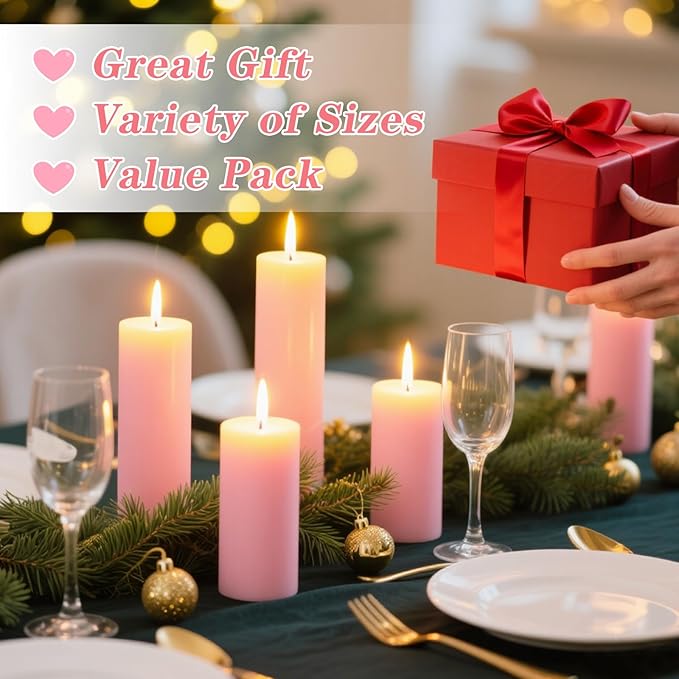 18 Pcs Pink Pillar Candles Bulk Set，Hurricane Candlesï¼? Different Lengths (6 Each)，Dripless Unscented Smokeless，Gives You a Better Atmosphere When Organizing Wedding or Event Party.