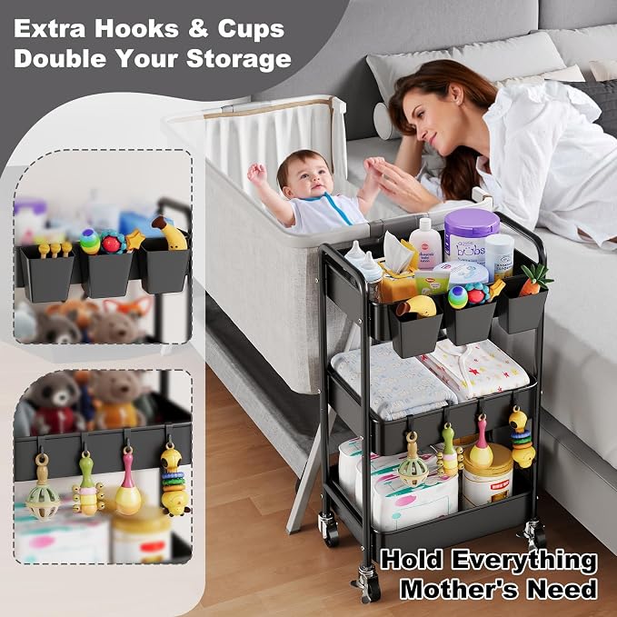 3 Tier Rolling Cart Metal with Wheels, Black Three Tiered Art Cart Organizer on Wheels, Storage Utility Trolley Carts for Kithcen, Craft, Nail, Lash, Makeup, Salon,Bedside, Bathroom, Office, Snack