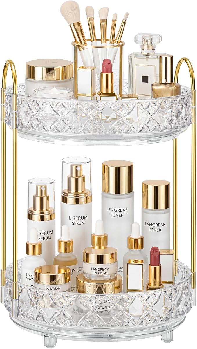 360 Rotating Makeup Organizer for Vanity, 2 Tier Adjustable Perfume Organizer for Dresser, Multi-Function Spinning Cosmetics Skincare Storage for Bedroom, Dresser, Countertop, Clear