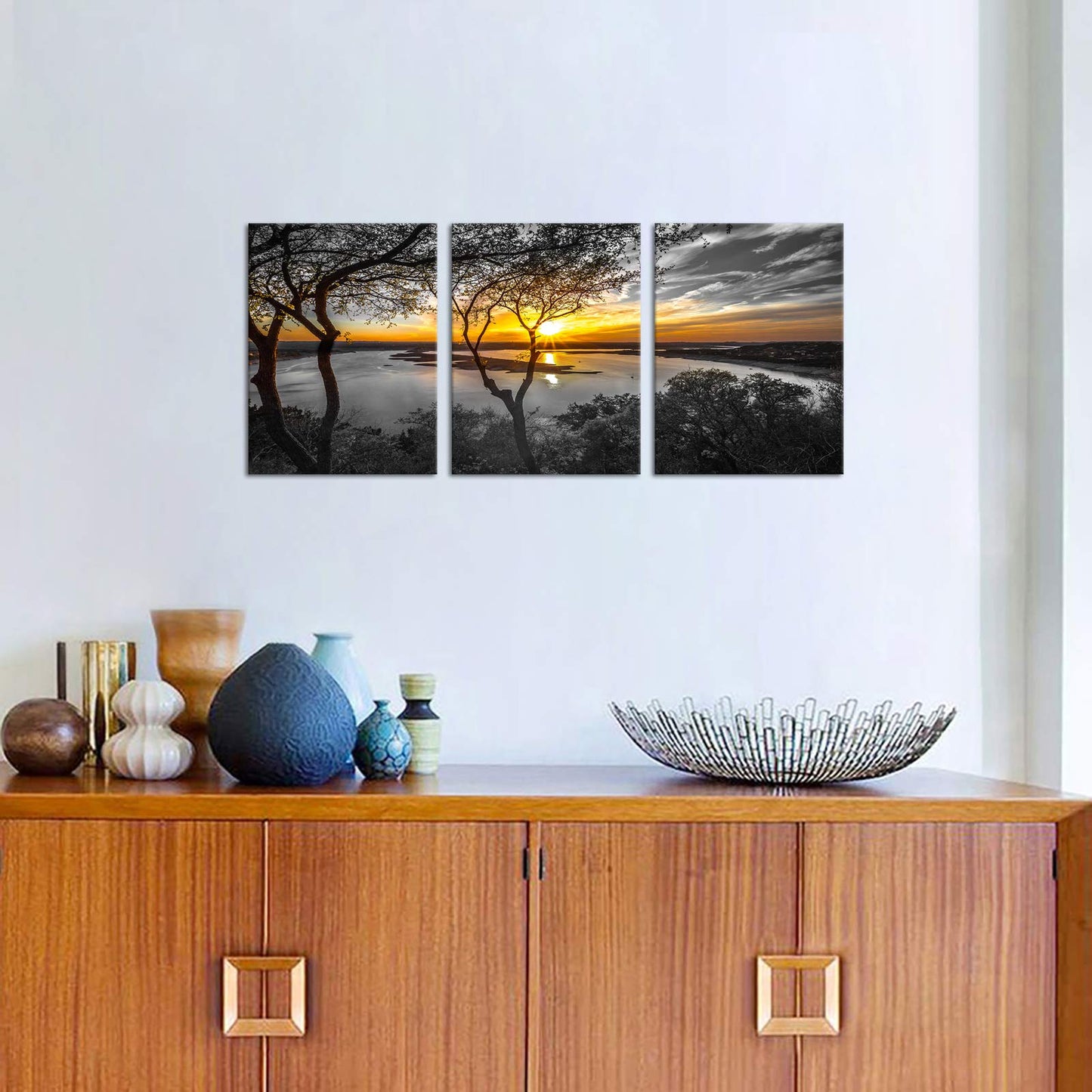Nachic Wall 3 Piece Black and White Wall Art Golden Sunrise on Lake Picture Painting Print on Canvas Nature Landscape Poster for Living Room Bedroom Decor Framed Ready to Hang
