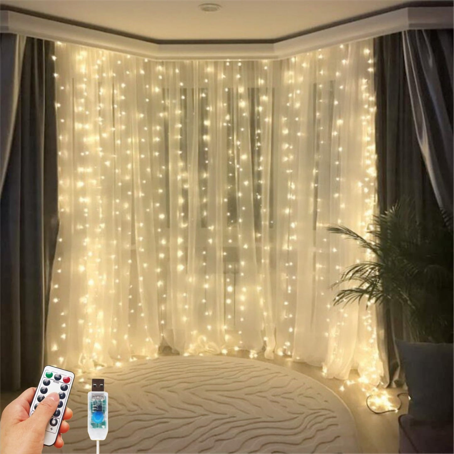 HOLITS 200 LED Fairy Curtain Lights, 6.6 x 6.6 FT Warm White USB Plug in 8 Modes Hanging Lights with Remote for Christmas, Bedroom, Indoor, Outdoor, Weddings, Party (Warm White)