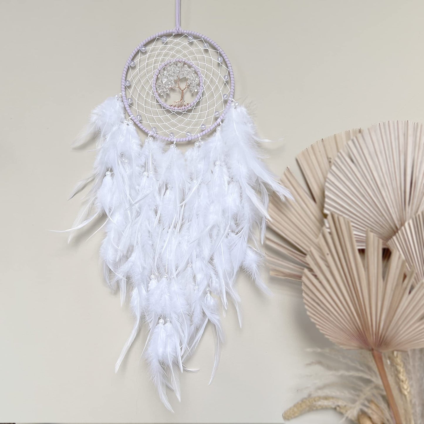 Dream Catchers, White Dream Catcher Tree of Life Wall Decor, with Natural Healing Crystal Stone, Perfect Rock Crystal Handmade Dreamlike Dream Catchers for Bedroom Decor Art Craft Gift