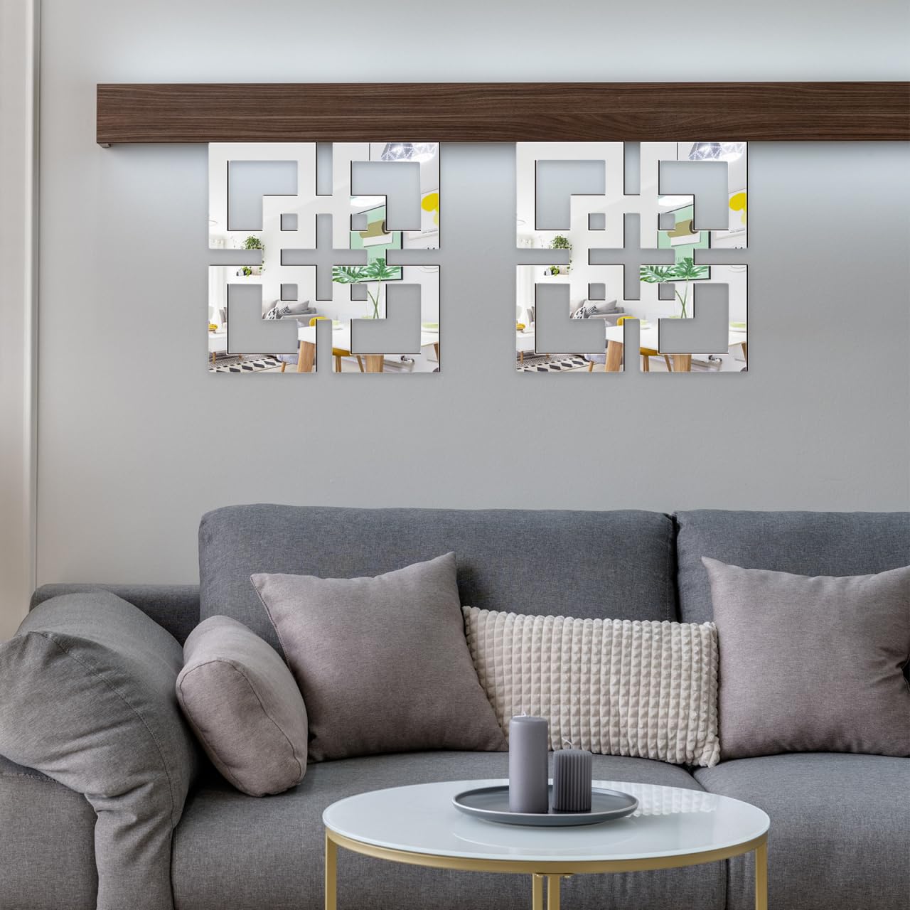 Angoily Rustic Square Mirror Wall Stickers 11.8 Inch Basswood Hollowed Wall Decor for Living Room Bedroom Home Decoration