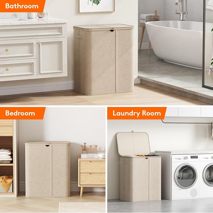 Lifewit 165L 3 Section Laundry Hamper with Lid, Large Laundry Basket with Handles and Removable Bags, Tall Clothes Hamper, Foldable Laundry Sorter for Bedroom Bathroom, Beige