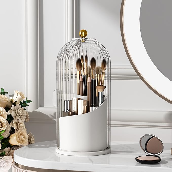 YOOLENS Makeup Brush Holder with Lid 360 Rotating Clear Dustproof Make Up Organizers for Vanity Bathroom Countertop, Transparent | with Lid