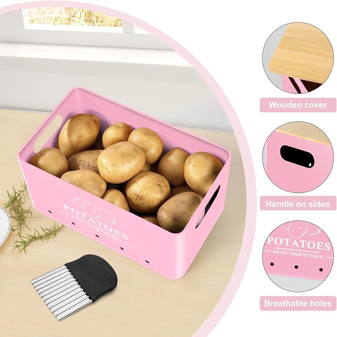 Kitchen Vegetable Storage Set of 3, Metal Onion Garlic Potato Storage Set, Kitchen Canisters Vegetable Keeper Containers with Aerating Holes and Bamboo Lid,Pink