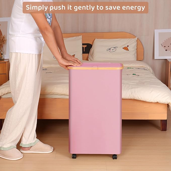 Slim Laundry Basket with Wheels,Narrow Hampers for Laundry,Freestanding Laundry Hamper with Lid&Bamboo Handles,Collapsible & Waterproof Tall Cloth Hamper for Dorm Family(60L Pink)