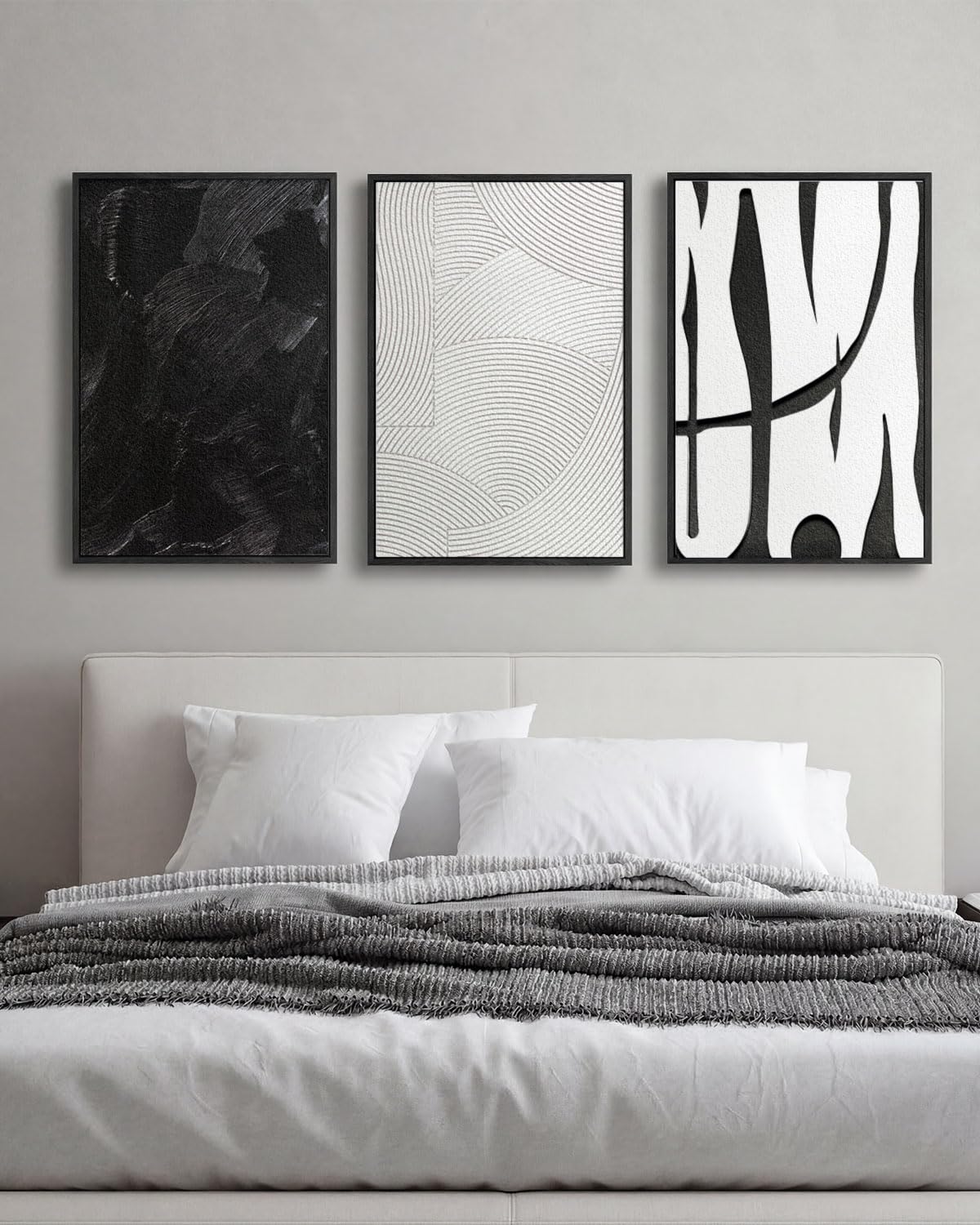 Modern Textured Wall Art Triptych, Mixed Technique Wall Panels Carved and Layered Sandstone Designs, Black White Abstract Geometric Wall Decor, Solid Wood Framed Sculptural Decor 24x36 Each
