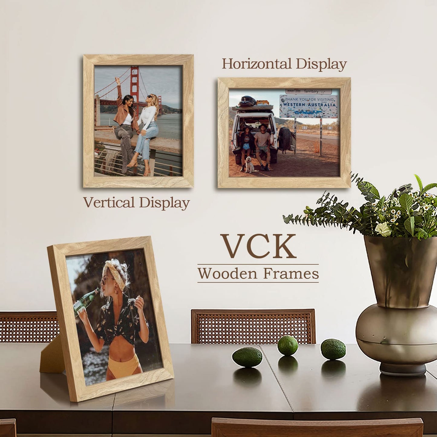 VCK 8x10 Picture Frame Set of 3, Natural Solid Wood Beige Frame with Exclusive Wood Grain, Tabletop Display & Wall Mounting for Home Decor