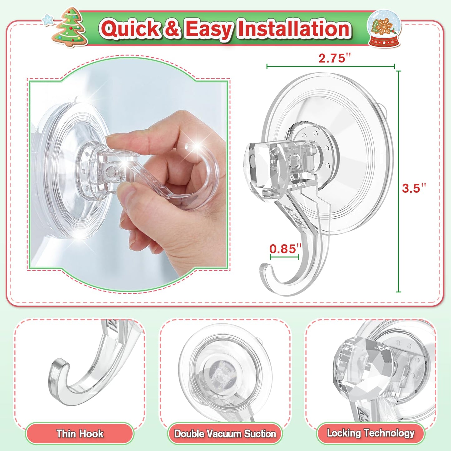 VIS'V Wreath Hanger, Large Suction Cup Wreath Hooks, Heavy Duty, 22 LB Capacity, Removable and Reusable, Clear, 2 Pcs