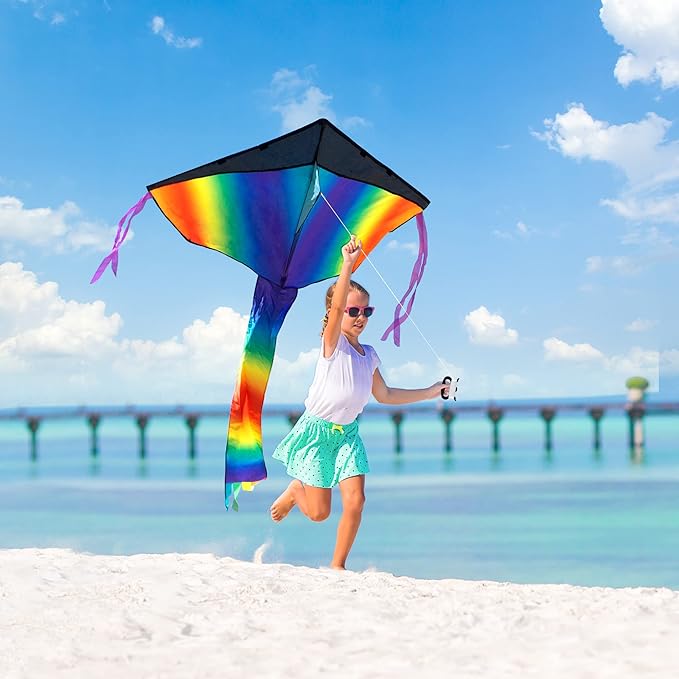 JOYIN 3 Packs Delta Multicolor Kite Warm and Cold Color Easy to Fly for Kids and Adults with 262.5 ft String, Large Delta Beach Kite for Outdoor Games and Activities