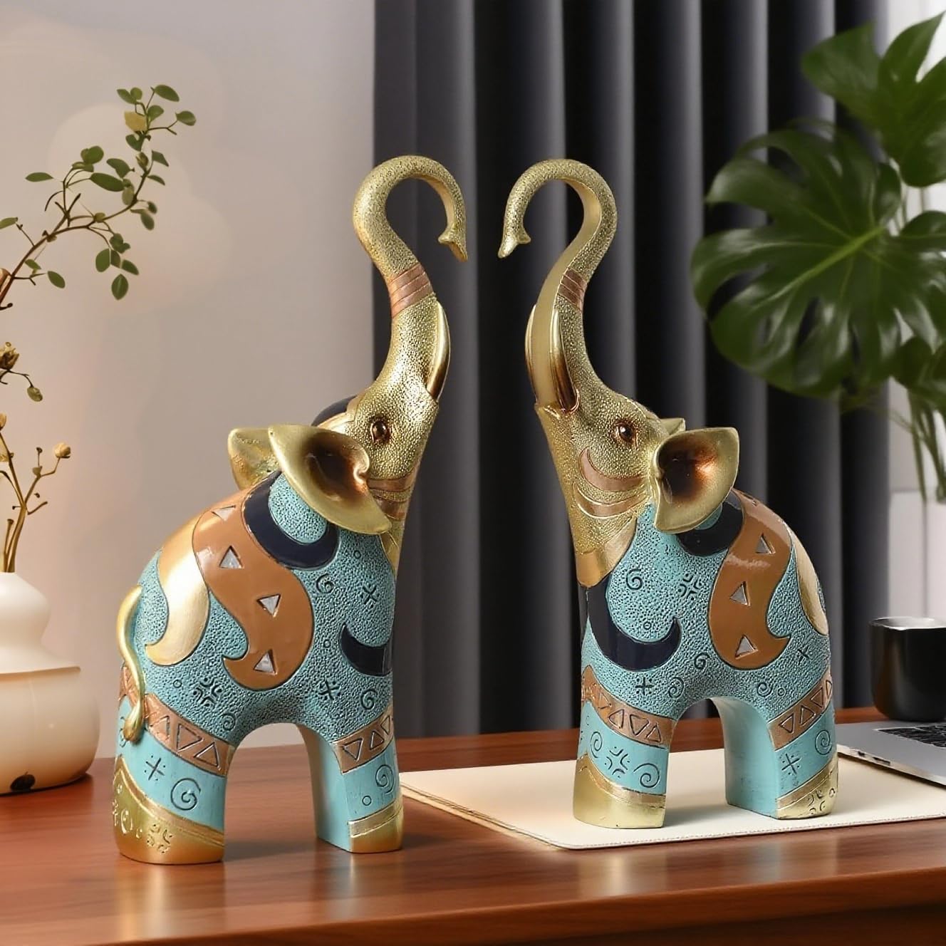 Aura7Mix Gold Elephant Statues Decor, 8.46 Inch Good Luck Home Decor Figurine, Resin Art Sculptures and Statues, Animal Gifts Home Tabletop Decoration, Living Room, Bathroom, Office,Bookshelf (2 Pack)