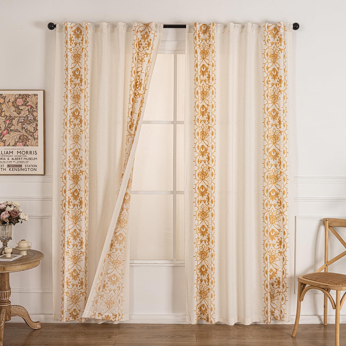 Tootop Bohemian Curtains Linen Gauze Embroidered Curtains Bohemian Floral Beige Farmhouse Living Room Decor Rustic Semi-Blackout Curtains Tieback Pocket or Folded Edge 2 Panel 84 Inch Gold