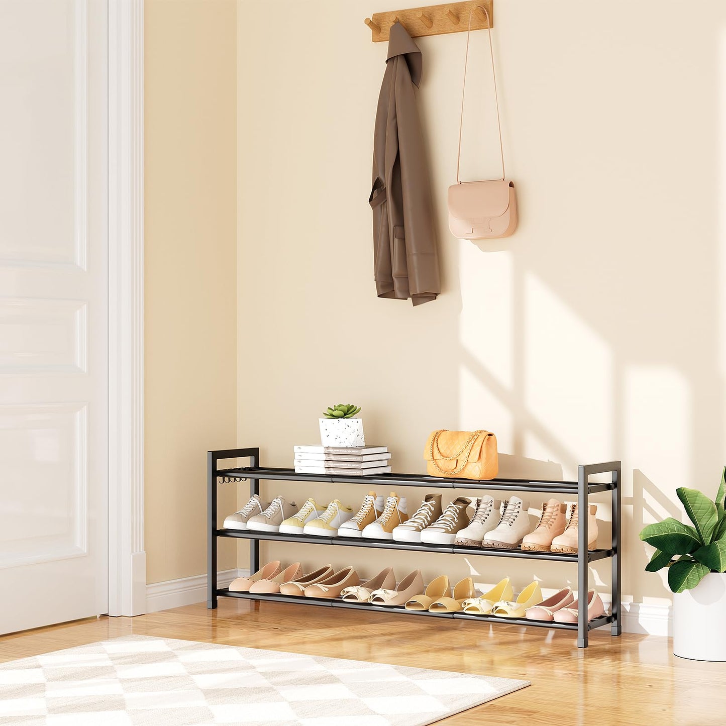 VGOBLO Expandable Shoe Rack - 18.5''- 47'' Adjustable Shoe Rack for Closet, 3 Tier Long Shoe Shelf Storage for 18 Pairs Shoe and Boot, Sturdy Metal Shoe Organizer for Entryway, Garage, Black