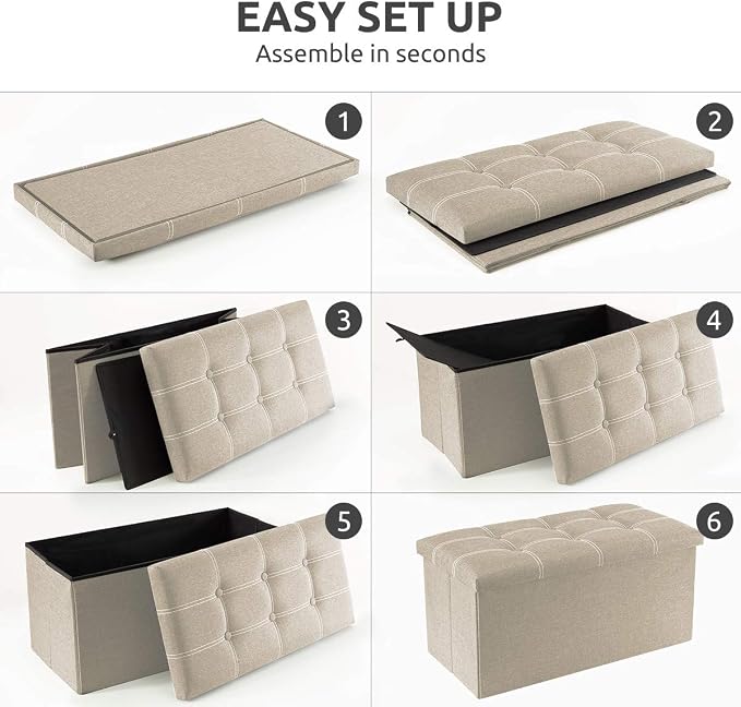 YOUDENOVA 30 inches Folding Storage Ottoman, Ottoman with Footrest Seat Support 350lbs, Storage Bench for Living Room Bedroom, Linen Fabric Beige