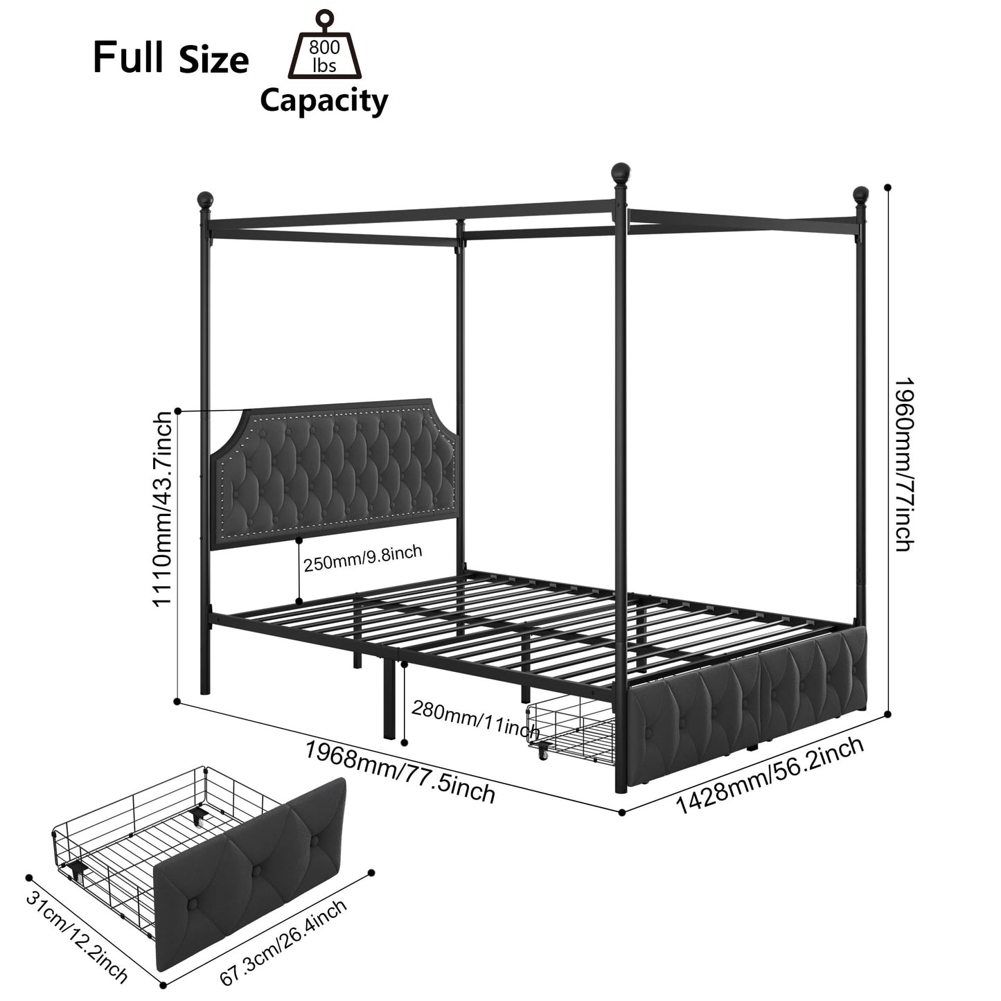 Keyluv Full Upholstered Canopy Bed Frame with 2 Storage Drawers & Button Tufted Headboard, Metal Platform Bed with 4 Removable Posts, Two-Purpose Velvet Bed, Dark Grey/Curtain Not Included