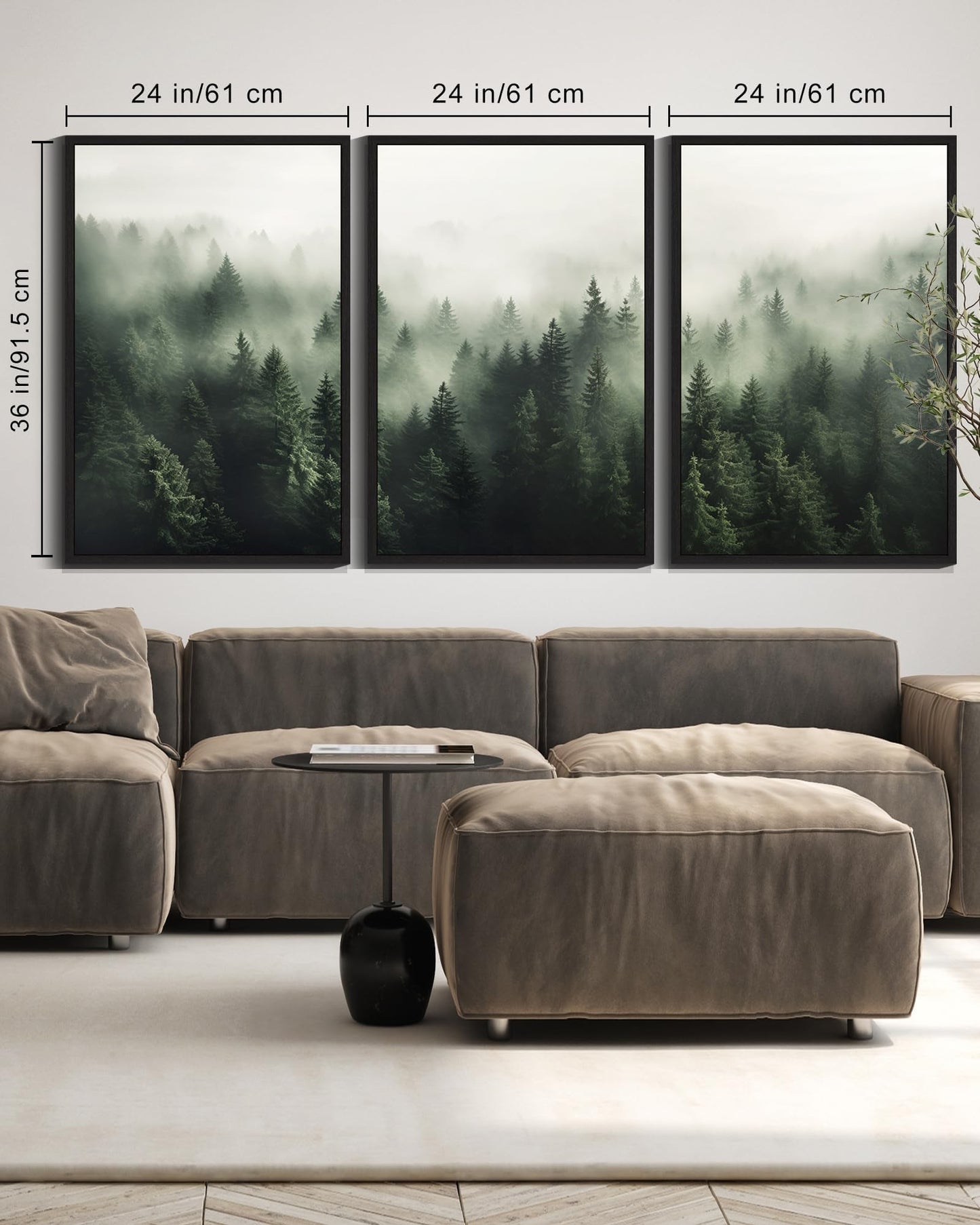 SHENIFY Green Fog Pine Tree Forest Canvas Wall Art Large 24x36in Framed Modern Artwork Prints Decor - Black Framed