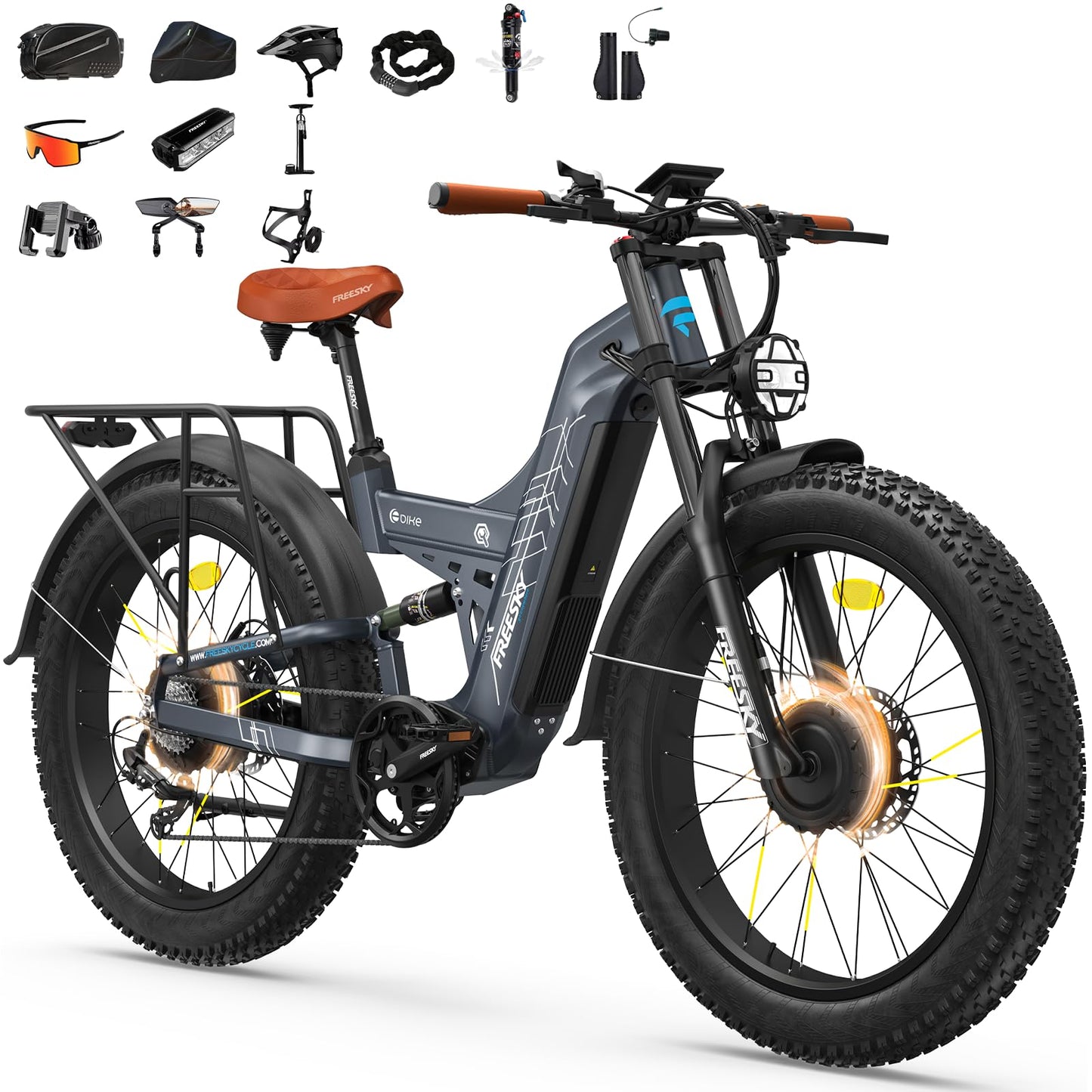 FREESKY 4000W Dual Motor Electric Bike for Adults, 48V 30AH Battery 120Miles Range, 40+MPH AWD Fast E-Bike, 26" Fat Tire Full Suspension Off-Road Mountain E Bike, Blue Grey, with Cycling Kits