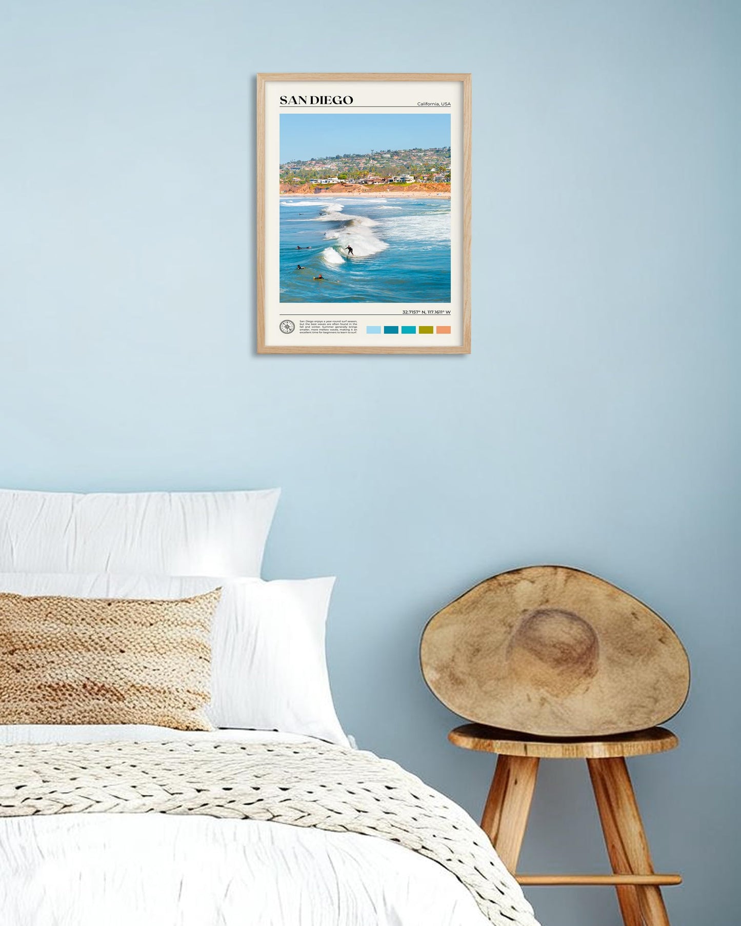 HesenDot Natural OAK Wood San Diego Surfing Framed Wall Art,12x16in Natural Seascape Canvas Wall Print,Classic Urban Landmark Wall Decor for Living Room,Bedroom,Office Gallery Gifts Set of 1