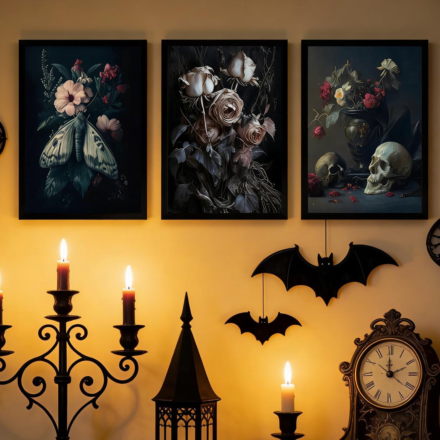 ASEKBWL 3Pcs Gothic Poster Wall Art Dark Academy Moth Rose skull Horror Painting Picture Wall Decor Creepy Moody Halloween Canvas Print Artwork for Bathroom Living Room Study Home Decoration Unframed