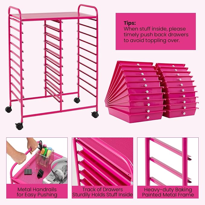 COSTWAY 20-Drawer Rolling Storage Cart, Utility Storage Organizer Cart for Tools, Scrapbook, Paper, Craft, Multipurpose Storage Trolley on Wheels for Home Office School, Hot Pink