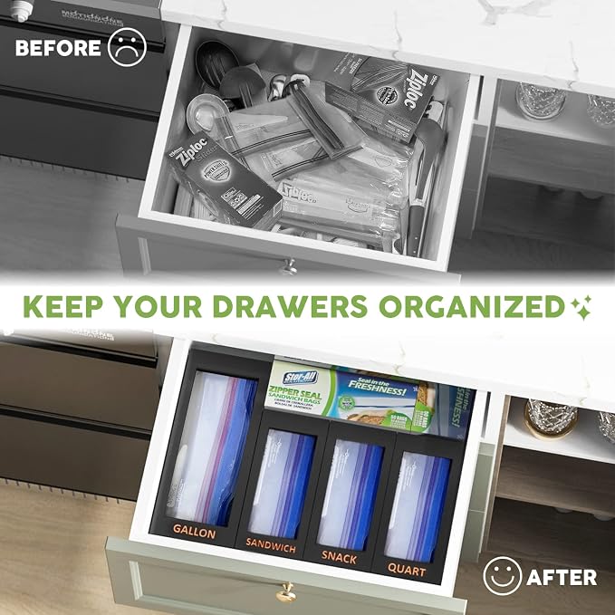DALSHABET Bamboo Storage Bag Organizer for Kitchen Drawer, 4 Separate Food Storage Bag Organizer, 12x14 Baggie Organizer Dispenser for All Brands Gallon, Snack, Sandwich & Quart Slider Bags Black