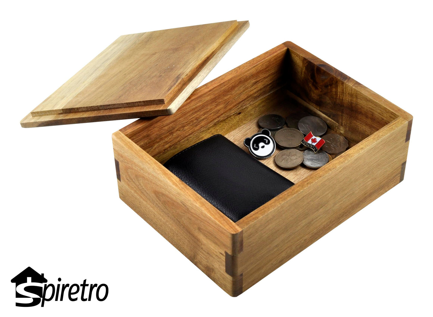 Spiretro Wooden Storage Box with Lid, Stash Box, Keepsake Chest to Organize Jewelry, Coins, Cards, Small Treasure, Handmade Natural Acacia Decorative Crate, Brown- 8 x 6 x 3 inches