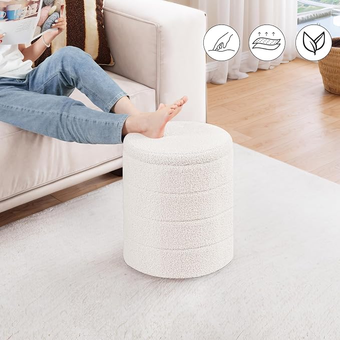 PINPLUS Round Storage Ottoman Foot Rest Stool with Tray Velvet Sherpa Folding Storage Ottoman,Boucle Foot Rest for Living Room, Bedroom, Dorm（White）