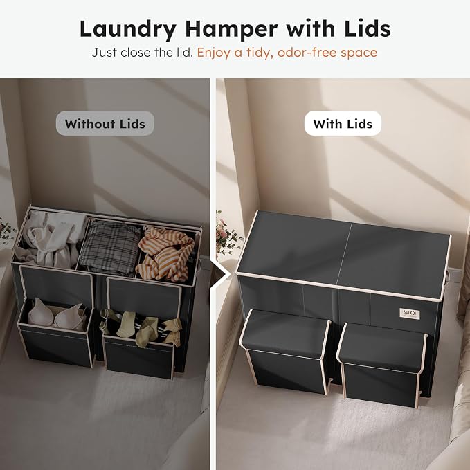 SOLEDI 220L Laundry Hamper 3 Section,Extra Large Laundry Basket with Lid and 2 Side Pockets, Dirty Clothes Hamper with Removable Bag Easy to Carry for Laundry Room, Bedroom, Bathroom, Black
