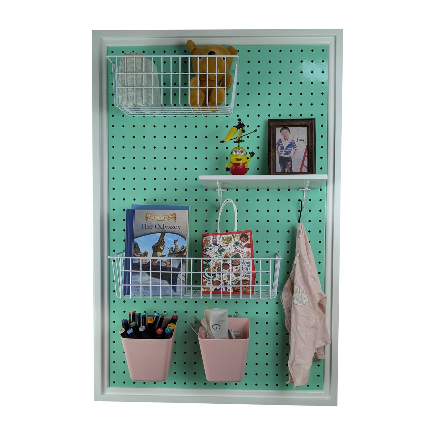 ARTAWEIN Pegboard Organizer - Craft Peg Board, Nursery Storage, Wall Organizer and More, Comes with 1 x Free Shelf Fits Most 1/4" and 1/8" Pegboard Accessories (Mint Green)