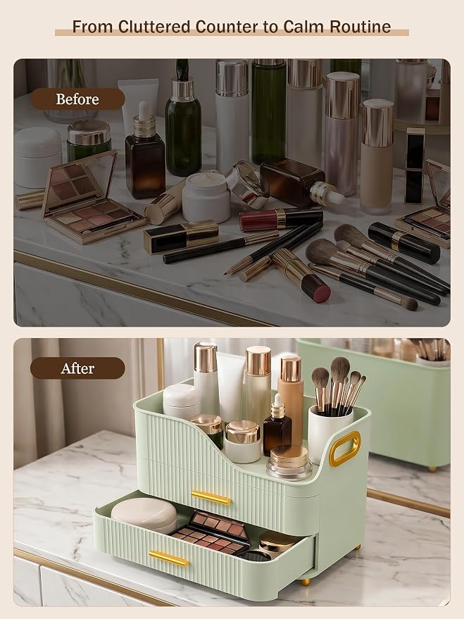 Booklov Countertop Makeup Organizer with Drawers, 3 Tier Large Cosmetic Storage Box for Vanity, Bathroom Counter, Dresser, Skincare Display Case for Lipsticks, Beauty Palettes, Teen Girl Gifts, Green