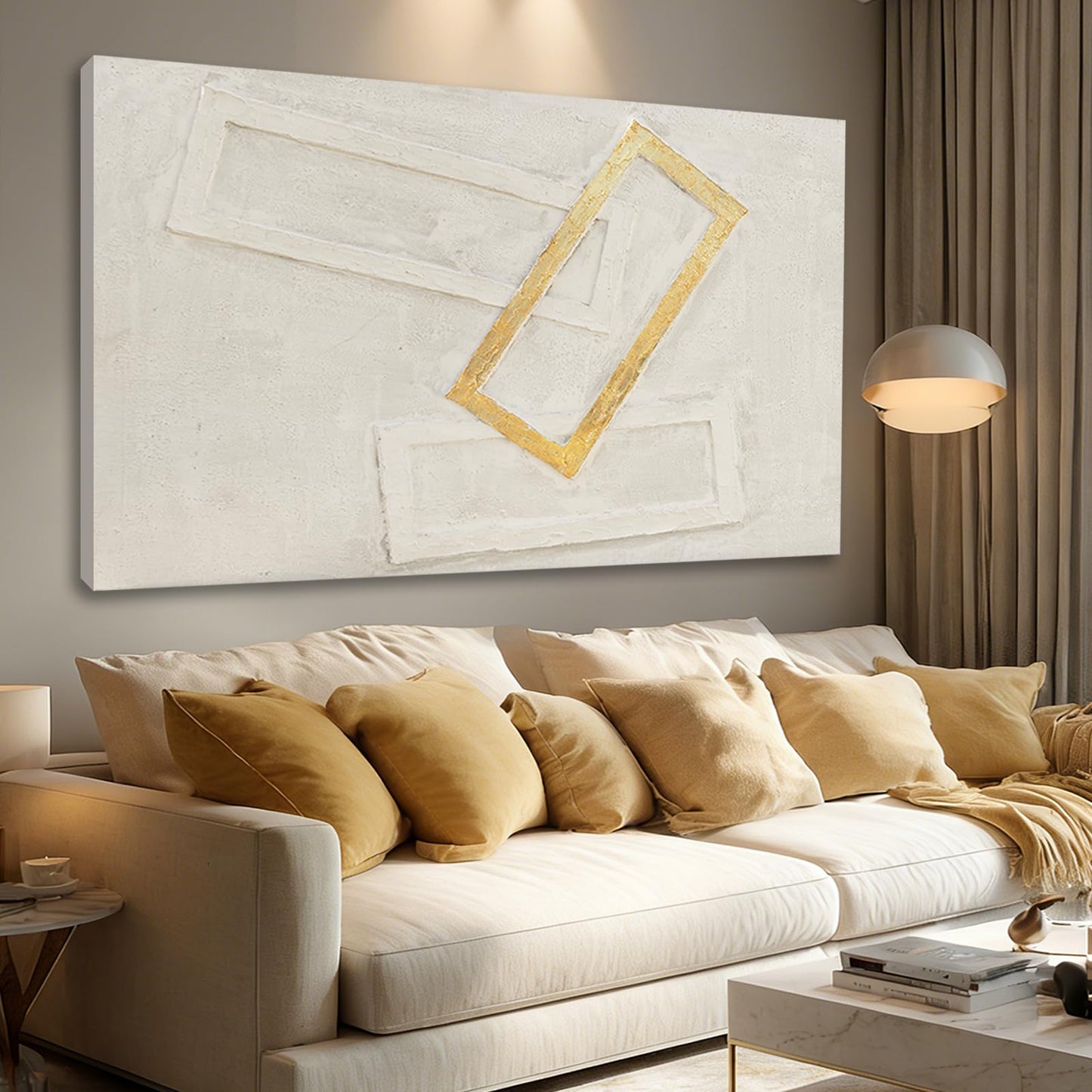 Dolidoteart White Gold Beige Canvas Wall Art, Hand Painted Oil Painting, Large Abstract Wall Art for Living Room, Modern Textured Horizontal Wall Decor for Bedroom Office, 32x48 Inch