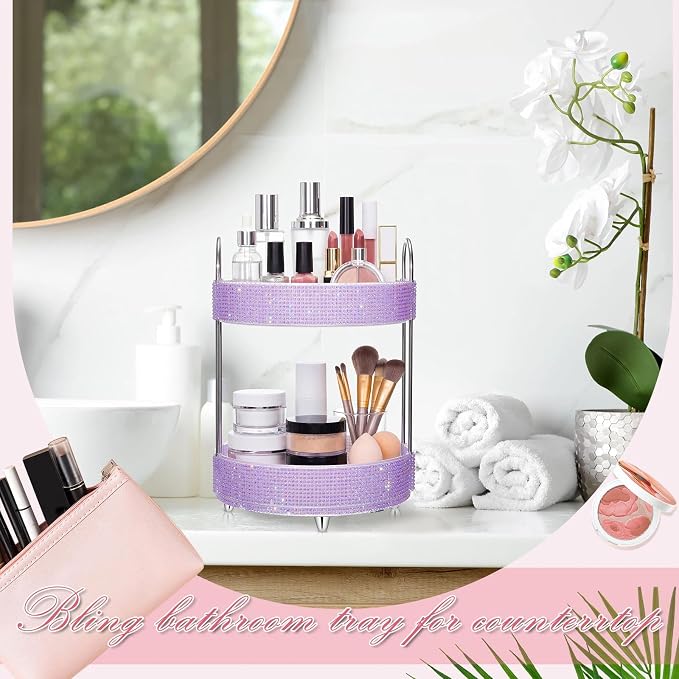 Honeydak 360 Rotating Perfume Organizer Gift for Women, Rhinestone Preppy Skincare Organizer Bathroom Counter Makeup Holder Skincare and Perfume Storage for Cosmetic(2 Tiers,Resin Diamond,Purple)