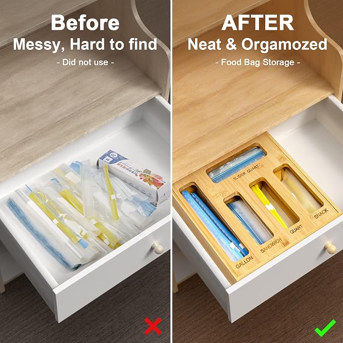 DUJEN Plastic Bag Organizer for Drawer, Bamboo Food Storage Bags Container Organizer with Slider, Baggie Bags Storage for Drawer Compatible with Gallon, Sandwich Variety Size Bags
