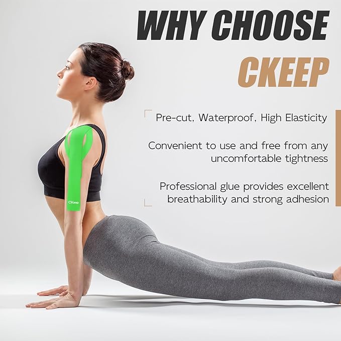 CKeep 4 Rolls Kinesiology Tape, Original Cotton Elastic Athletic Tape, 20 Precut 10" Strips Each, Green, Ideal for Muscle Support & Injury Prevention