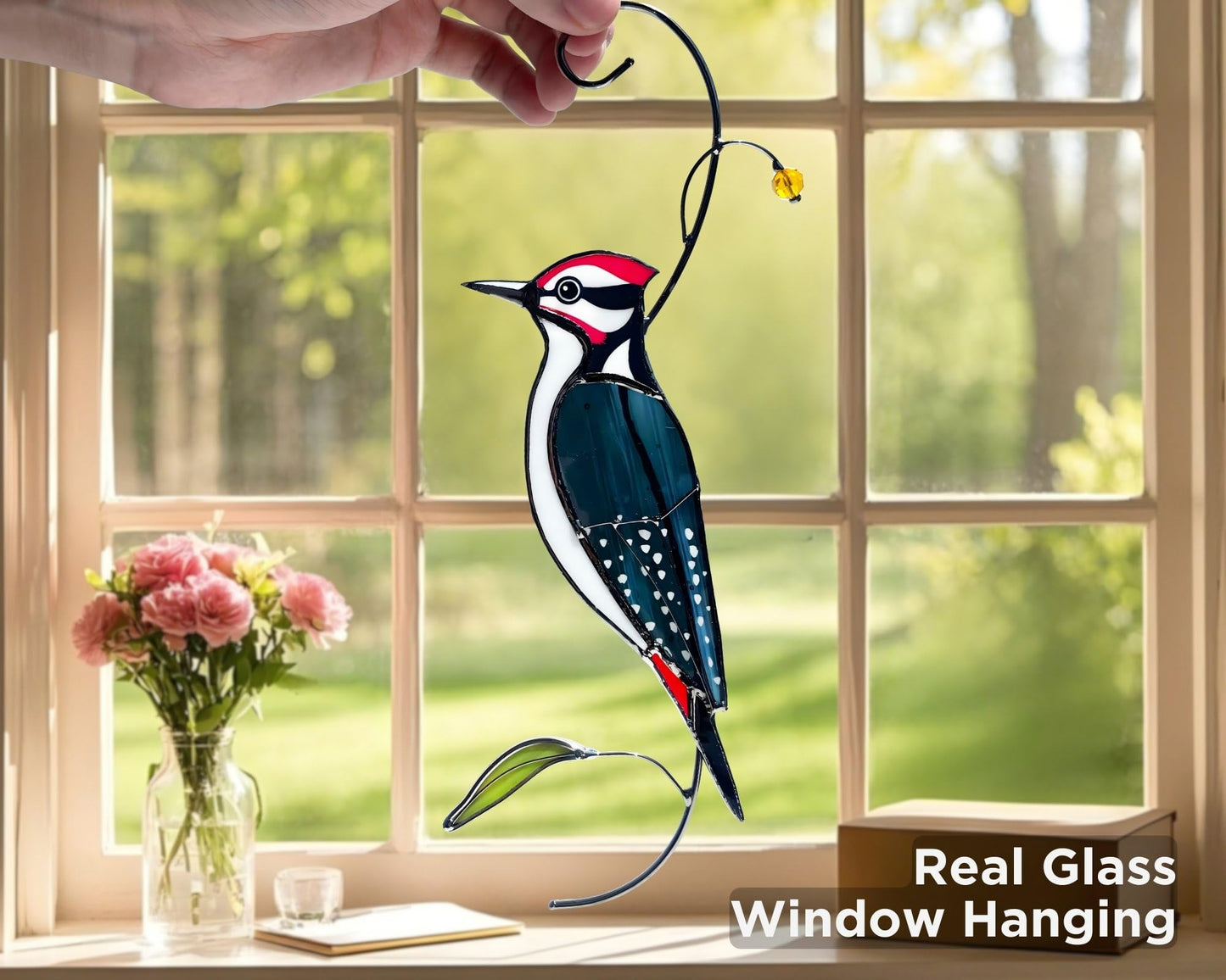 AuroAura Woodpecker Stained Glass Window Hanging for Women, Mom, Grandma - Handmade Real Glass Bird Suncatcher - Elegant Gifts Box Home Decor (H8.9xW3.2 inch)
