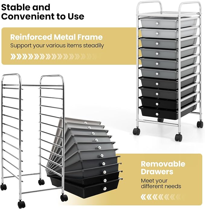 COSTWAY 10-Drawer Rolling Storage Cart, Utility Mobile Trolley with Removable Drawers & Universal Casters & 2 Brakes, Versatile Flexible Drawer Organizer Cart for Home, Office, Mixed Black