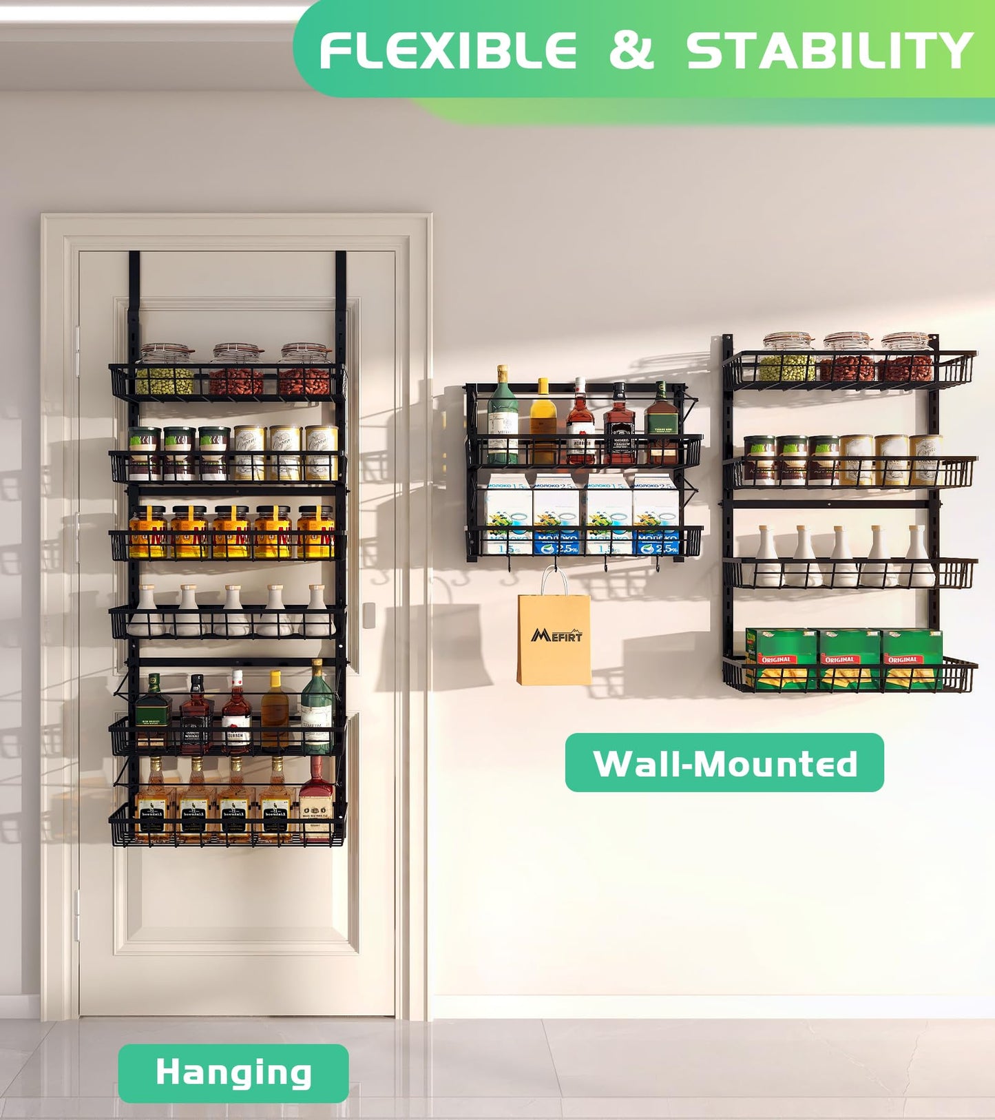 Mefirt Over The Door Pantry Organizer, Pantry Storage and Organization, 6-Tier Adjustable Hanging Baskets, Metal Wall Mount Spice Rack Seasoning Shelves for Home & Kitchen, Laundry Bathroom - Black