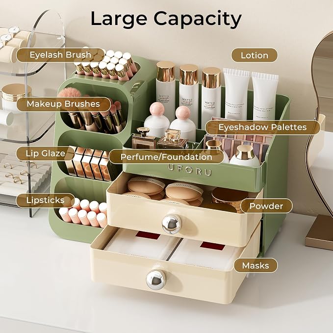 UFORU Makeup Organizer for Vanity with Brush Holder, Large Capacity Bathroom Countertop Skincare Organizer with 2 Drawers, Cosmetic Display Case for Perfumes, Eyeshadow Palettes, Nail Polishes