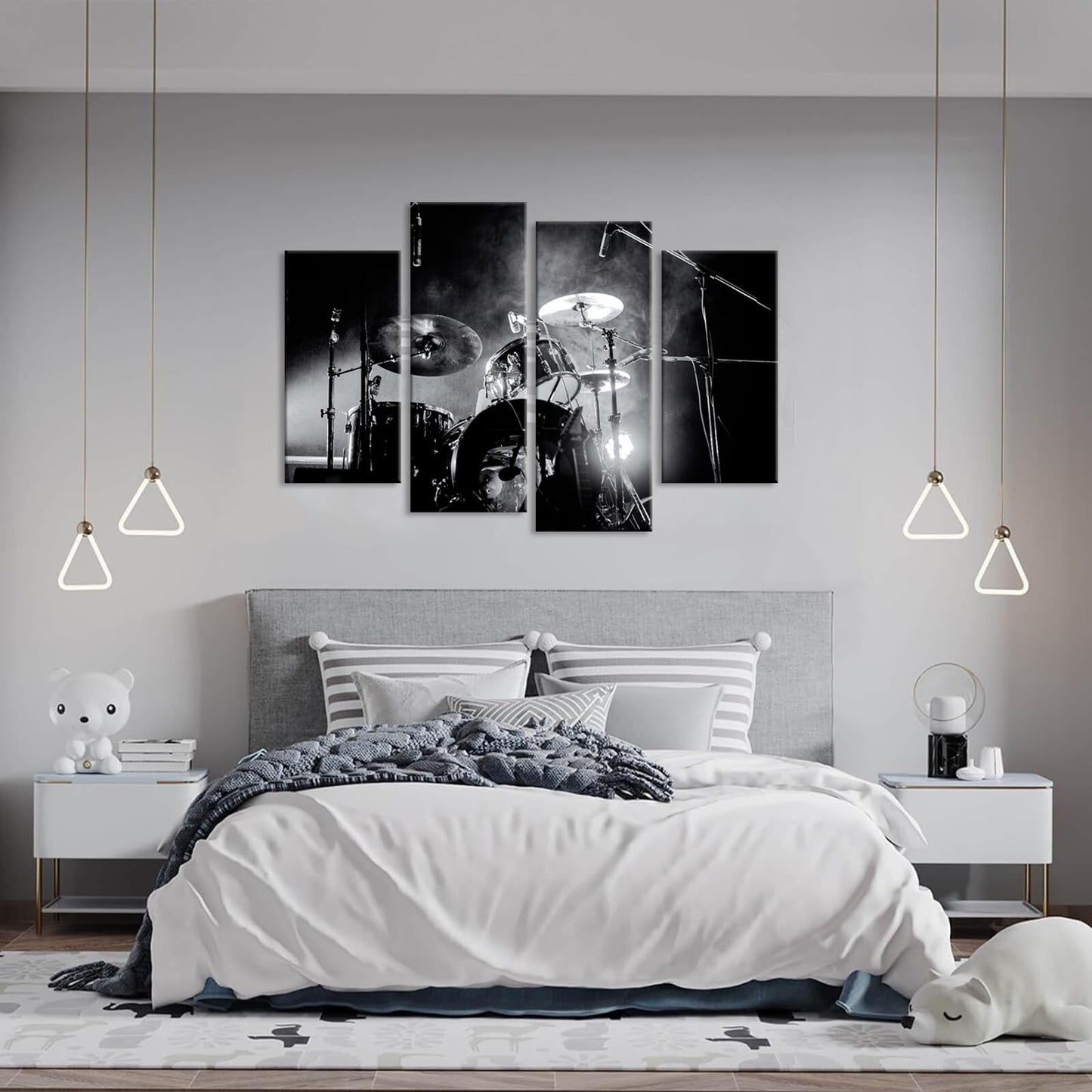 iHAPPYWALL 4 Piece Music Series Wall Art Rock Band Shelf Drum Set With Lights In Black And White Background Modern Home Decor for Living Room Bedroom