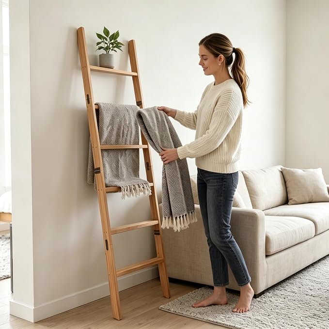 FUIN 5.5ft Wooden Blanket Ladder, Wood Towel Ladder, Rustic Decorative Ladder for Blankets, Farmhouse Quilt Rack for Living Room & Bathroom