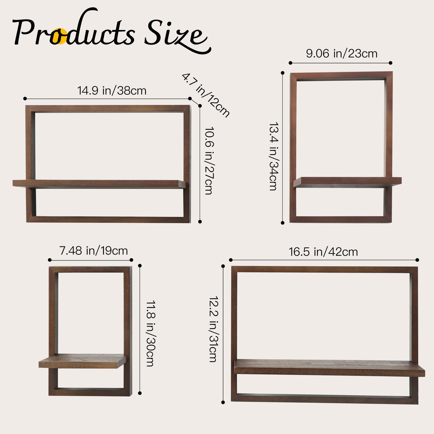 PHOENANCEE Square Floating Shelves,Framed Wall Shelf Decorative Set of 4,Modern Plants Hanging Display Art Decor Storage for Livingroom Bedroom Bathroom Farmhouse,Home Light Wood,Rustic Walnut